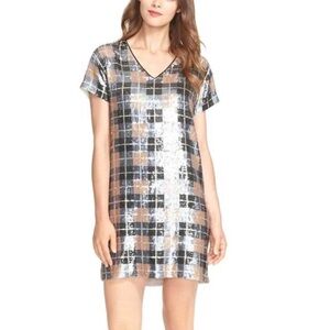 *Kate Spade Sequin Plaid Shift Dress Pumice 6 V Neck Short Sleeve Mini | AT 728